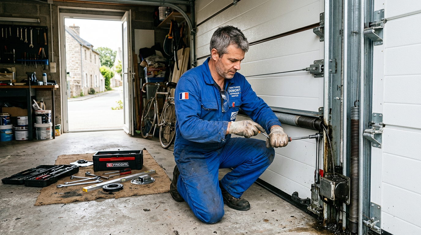 Dépannage de porte sectionnelle bloquée par un technicien
