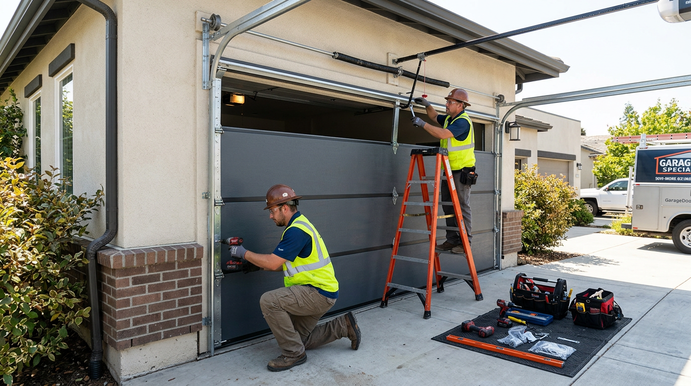 Installation porte sectionnelle sur mesure — pose des rails et panneaux