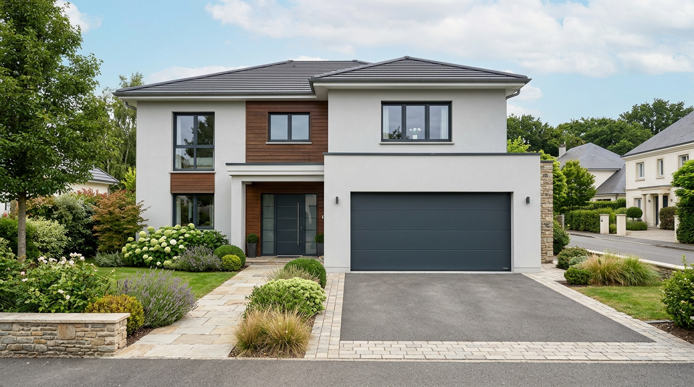 Porte de garage sectionnelle moderne intégrée à une façade résidentielle