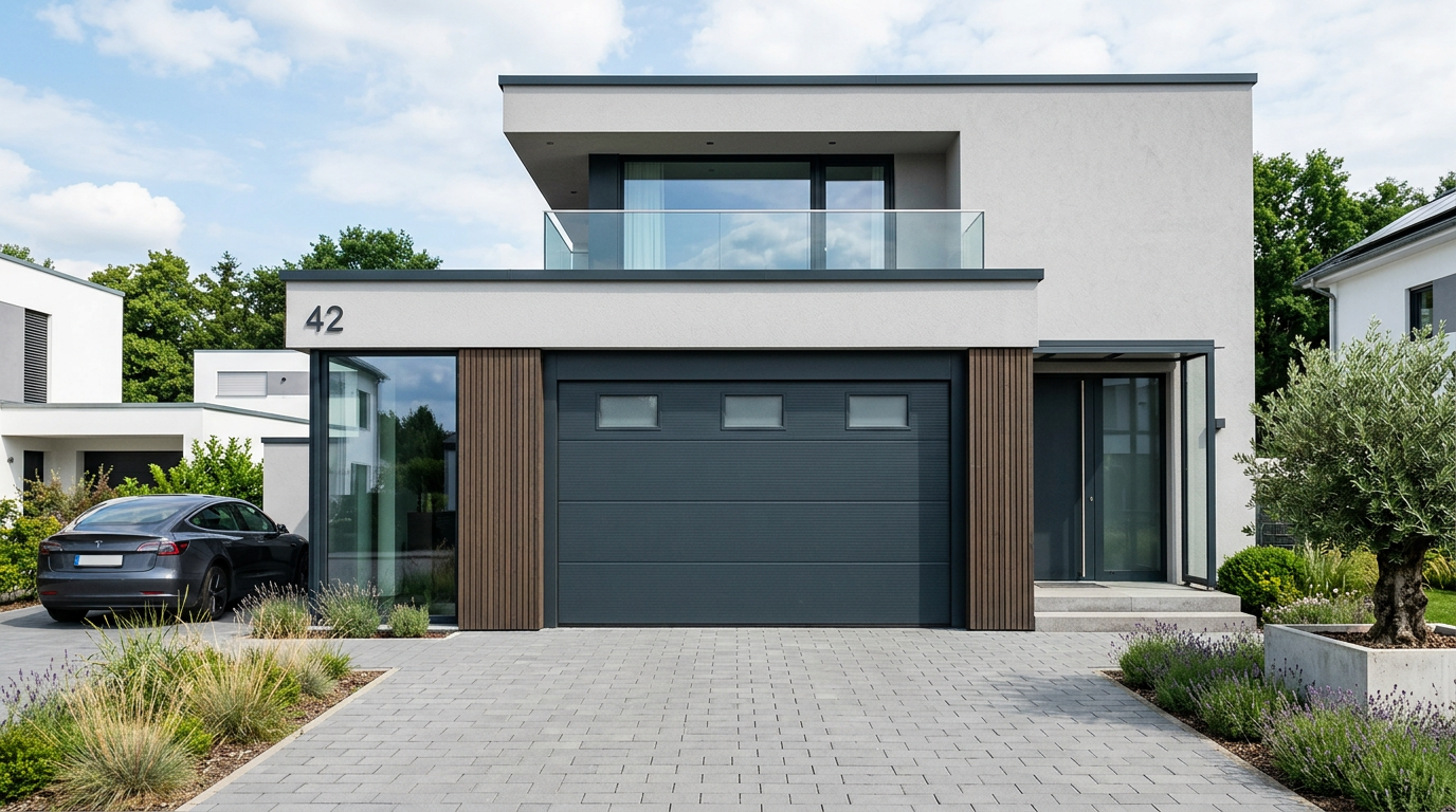 Porte sectionnelle anthracite sur maison contemporaine